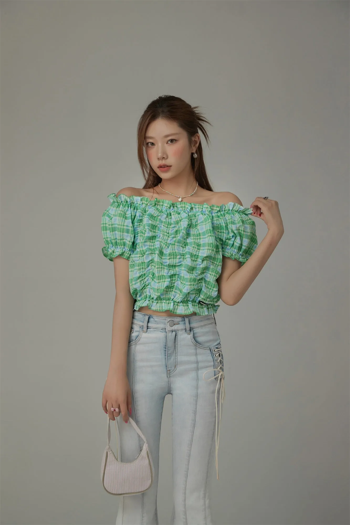 Shirred Puffy Sleeve Cropped Blouse