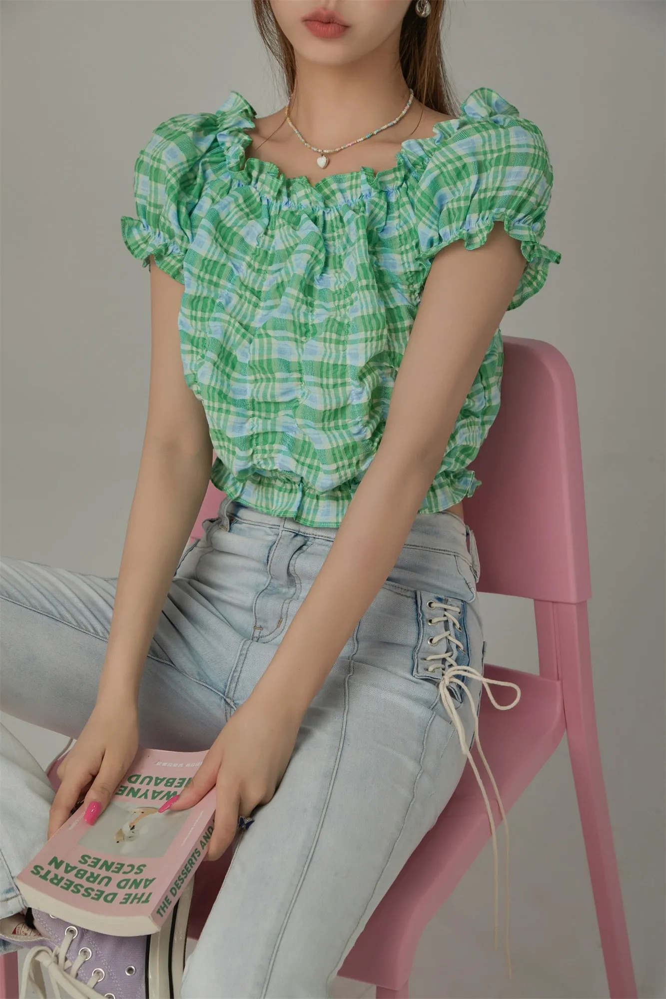 Shirred Puffy Sleeve Cropped Blouse
