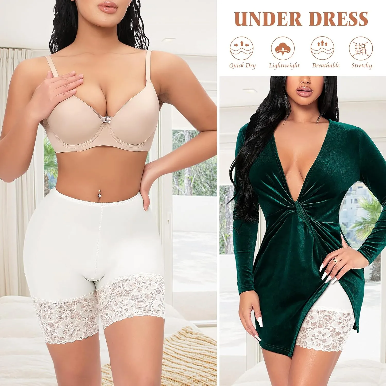 Slip Shorts for Under Dresses Women Anti Chafing Underwear Seamless Boyshorts Panties Lace Under Shorts