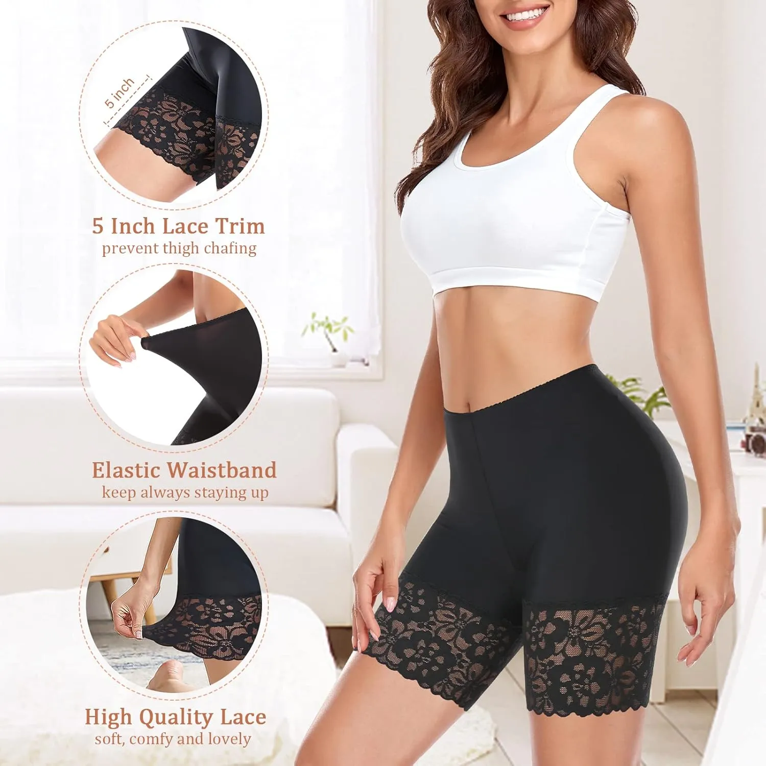 Slip Shorts for Under Dresses Women Anti Chafing Underwear Seamless Boyshorts Panties Lace Under Shorts