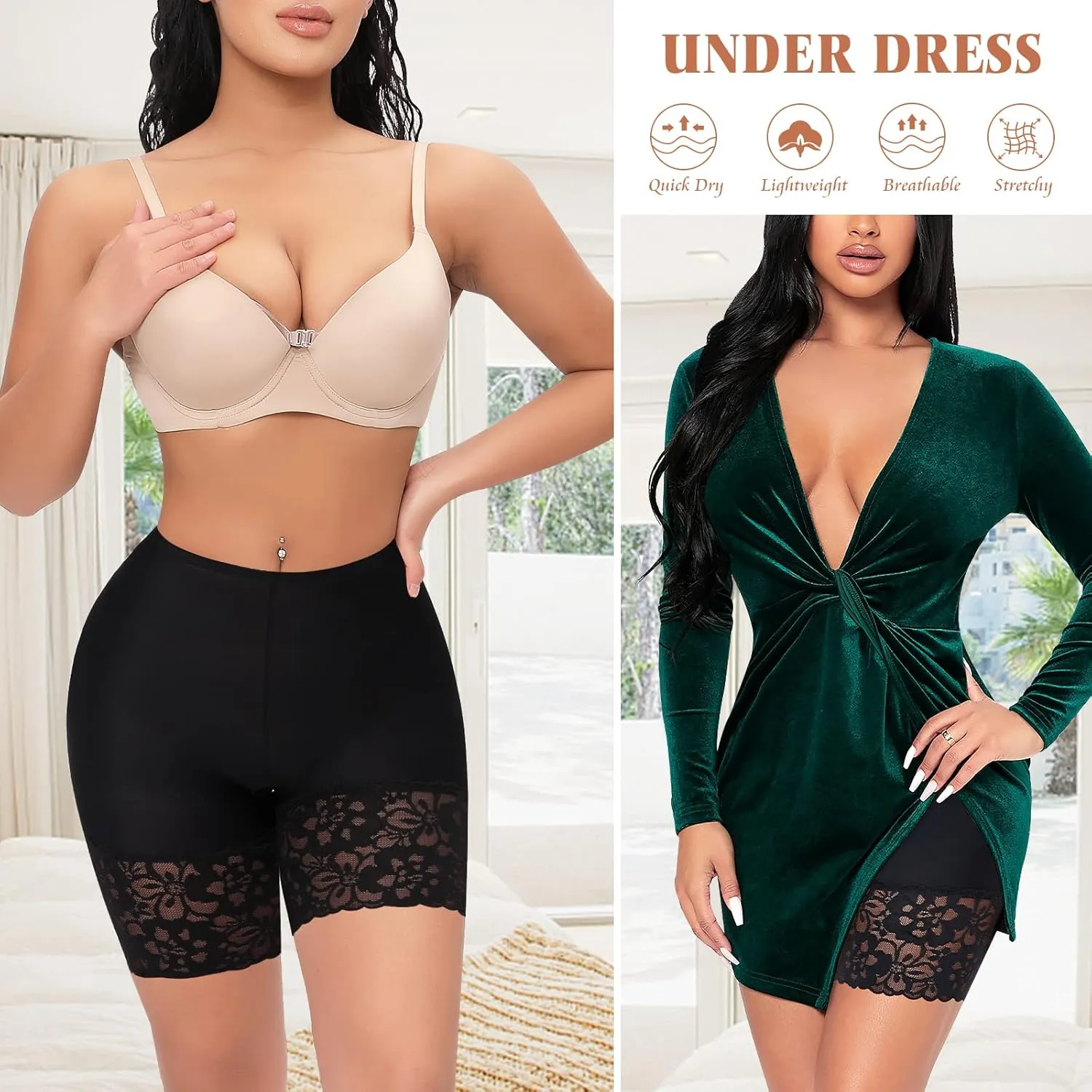 Slip Shorts for Under Dresses Women Anti Chafing Underwear Seamless Boyshorts Panties Lace Under Shorts