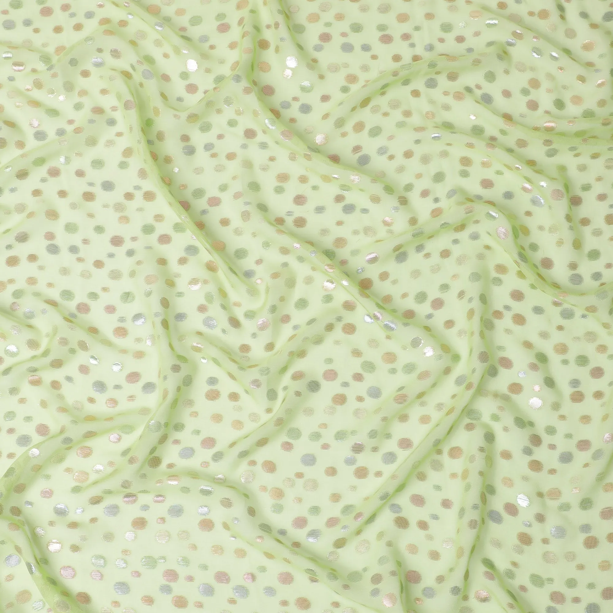Soft Pistachio Green Polka Dot Silk Chiffon Garbasaar Fabric with Sequins, 110 cm Width – Chic and Shimmering Textile-Piece of 2.0 Mtrs-D18655