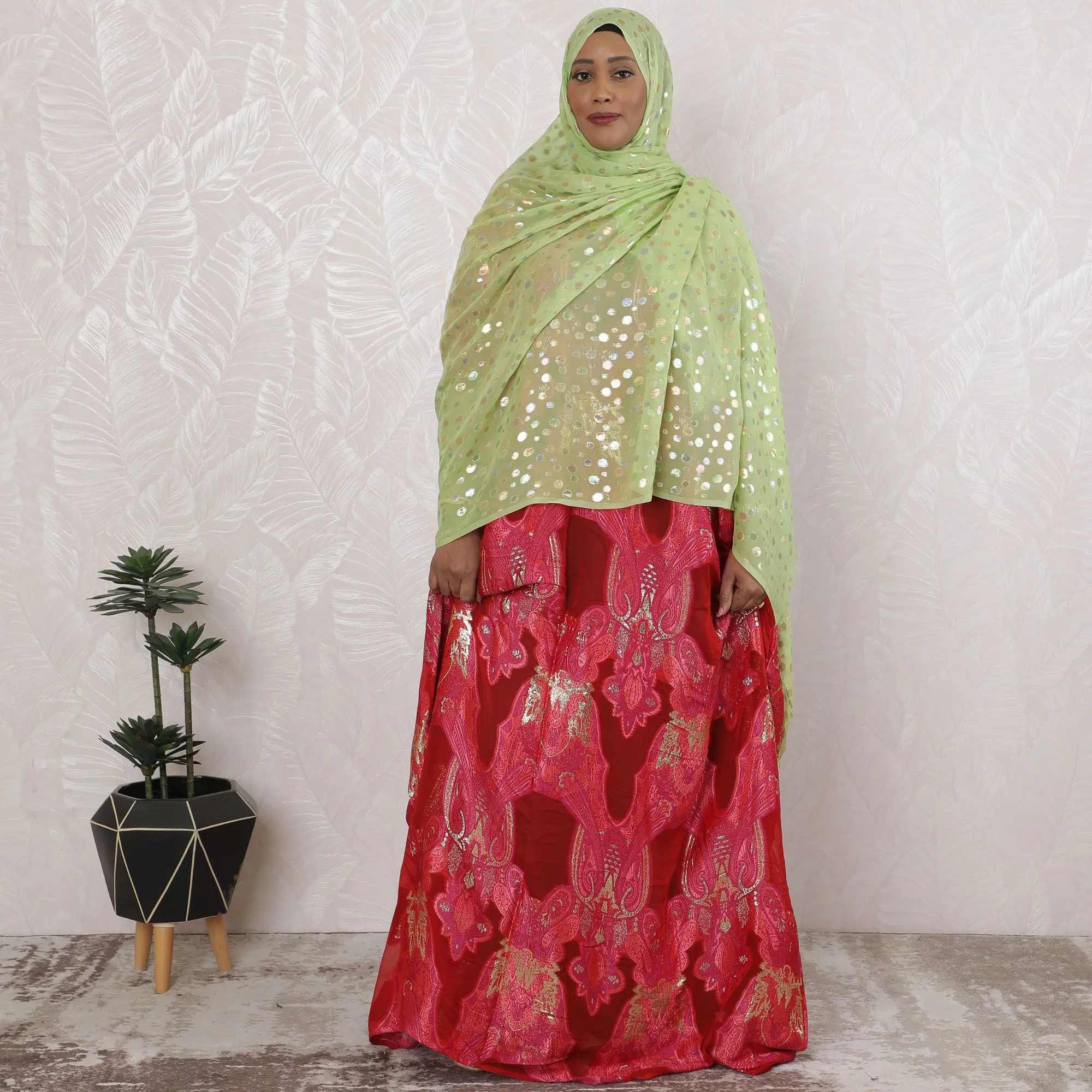 Soft Pistachio Green Polka Dot Silk Chiffon Garbasaar Fabric with Sequins, 110 cm Width – Chic and Shimmering Textile-Piece of 2.0 Mtrs-D18655