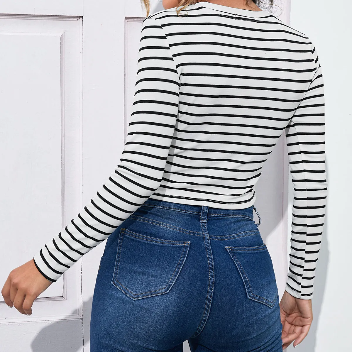 Striped Button Front Notched Neck Tee