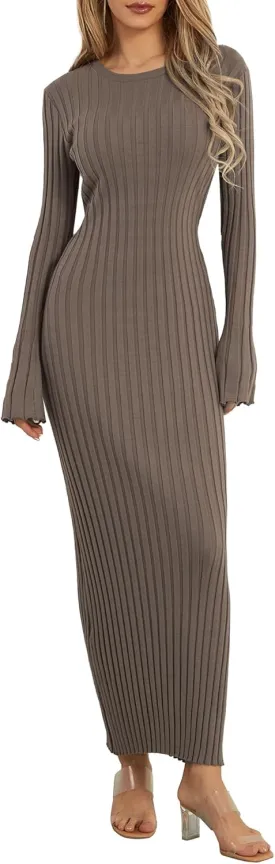 Sunloudy Women Crewneck Knit Maxi Dress Bell Long Sleeve Ruched Ribbed Bodycon Long Sweater Dress Streetwear