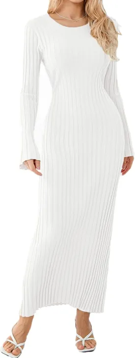 Sunloudy Women Crewneck Knit Maxi Dress Bell Long Sleeve Ruched Ribbed Bodycon Long Sweater Dress Streetwear