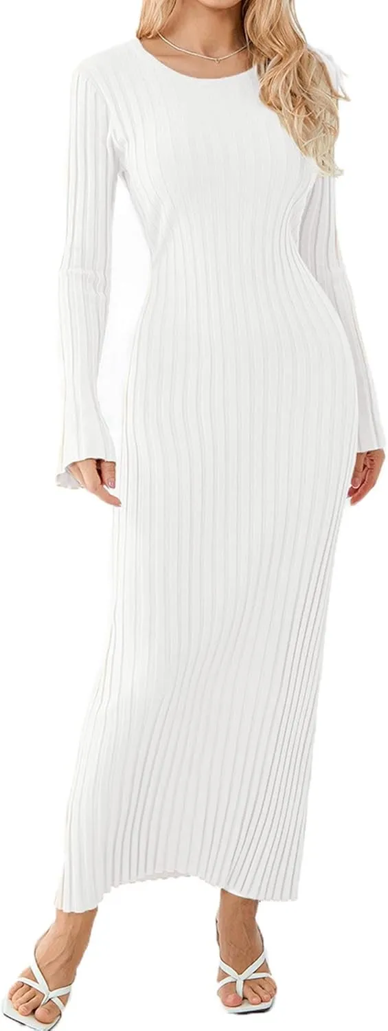 Sunloudy Women Crewneck Knit Maxi Dress Bell Long Sleeve Ruched Ribbed Bodycon Long Sweater Dress Streetwear