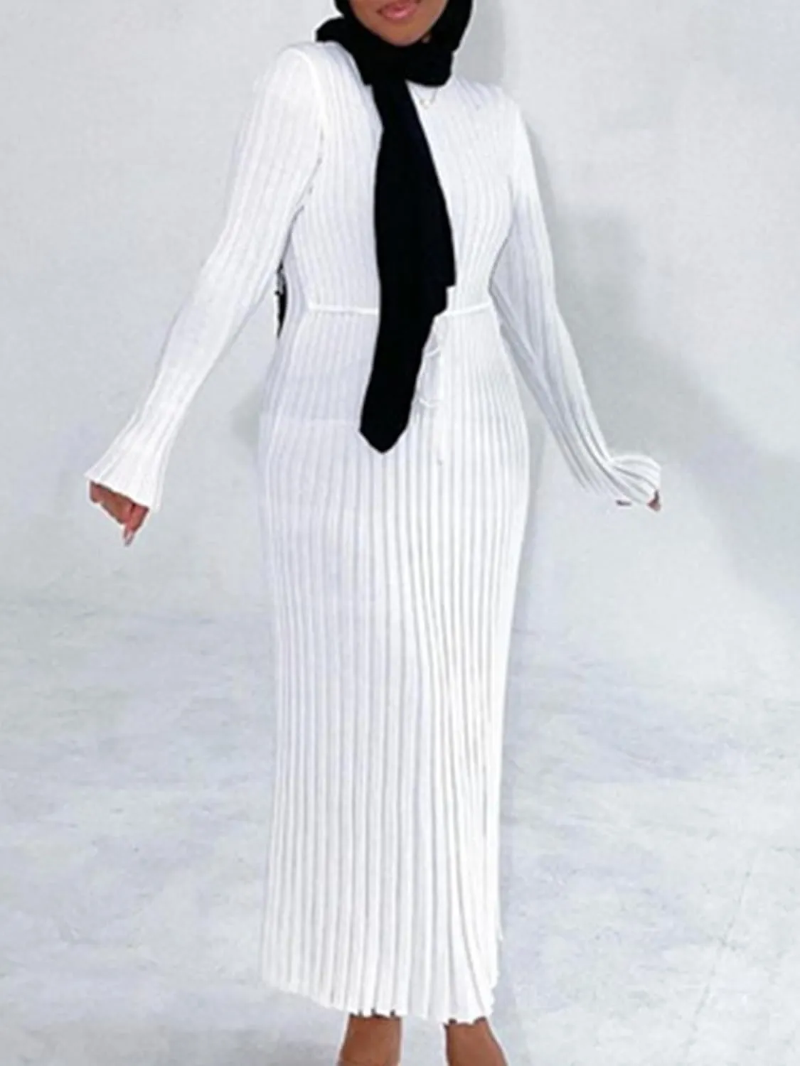 Sunloudy Women Crewneck Knit Maxi Dress Bell Long Sleeve Ruched Ribbed Bodycon Long Sweater Dress Streetwear