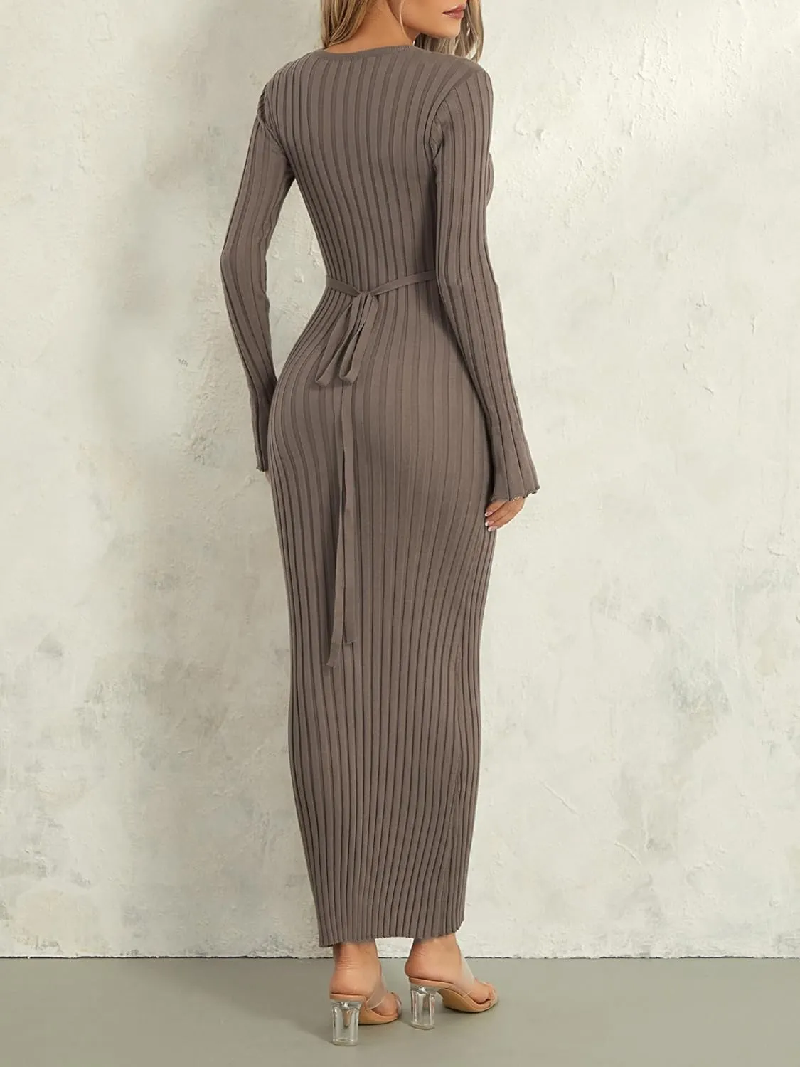 Sunloudy Women Crewneck Knit Maxi Dress Bell Long Sleeve Ruched Ribbed Bodycon Long Sweater Dress Streetwear