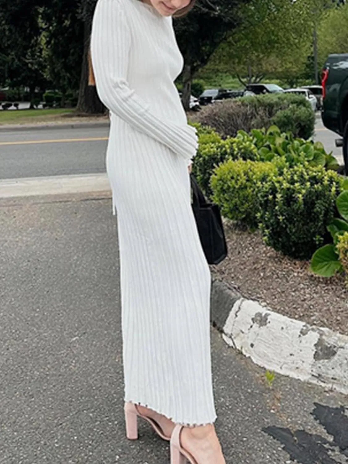 Sunloudy Women Crewneck Knit Maxi Dress Bell Long Sleeve Ruched Ribbed Bodycon Long Sweater Dress Streetwear