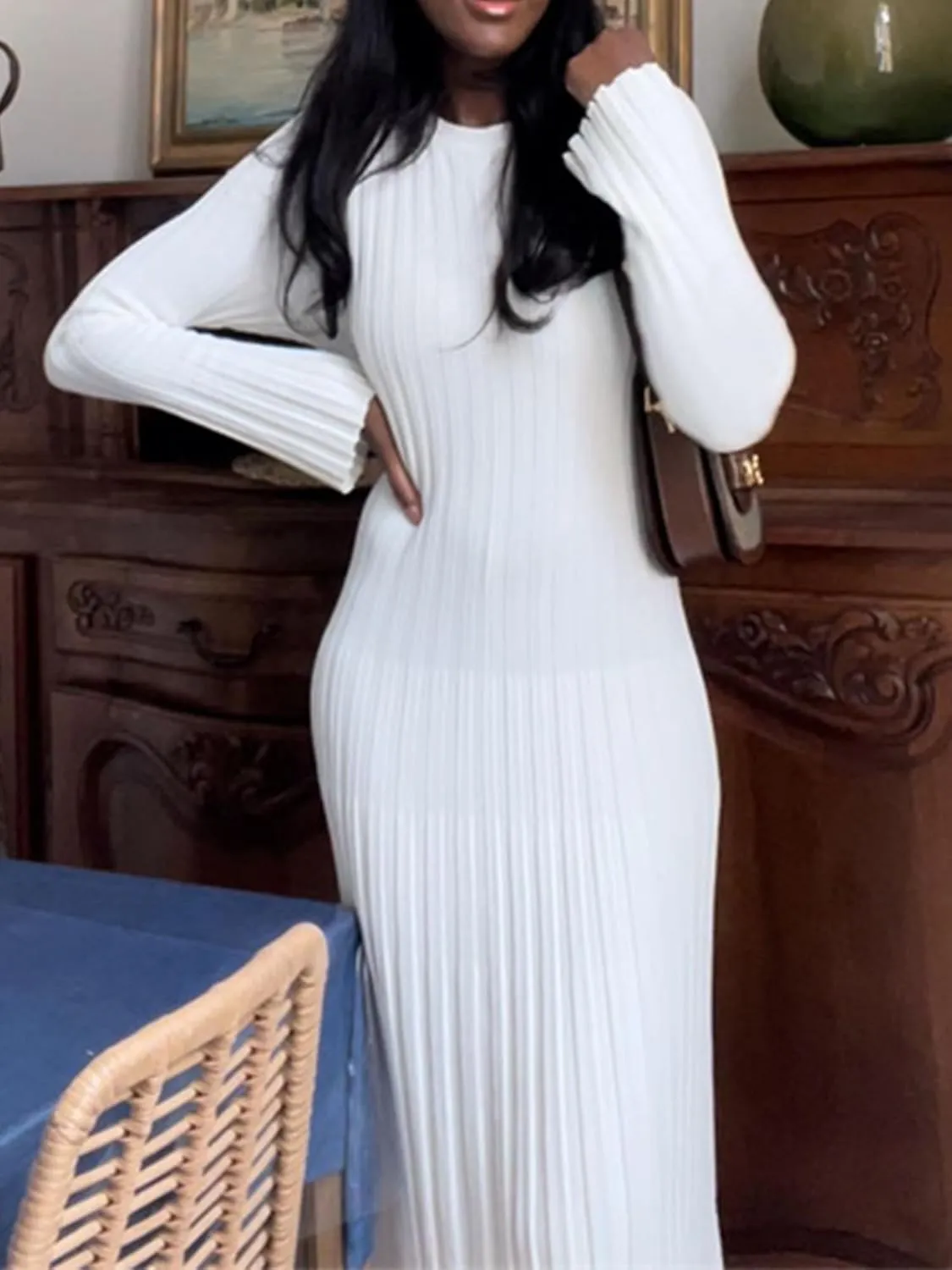 Sunloudy Women Crewneck Knit Maxi Dress Bell Long Sleeve Ruched Ribbed Bodycon Long Sweater Dress Streetwear