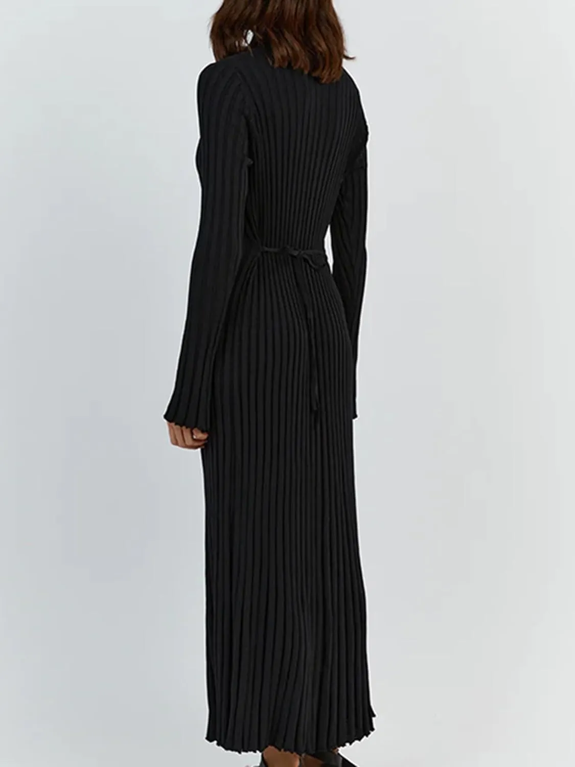 Sunloudy Women Crewneck Knit Maxi Dress Bell Long Sleeve Ruched Ribbed Bodycon Long Sweater Dress Streetwear