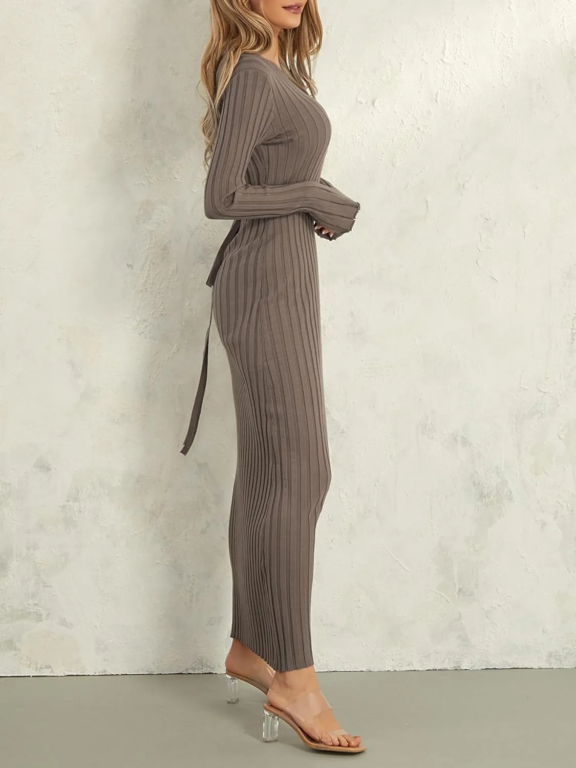 Sunloudy Women Crewneck Knit Maxi Dress Bell Long Sleeve Ruched Ribbed Bodycon Long Sweater Dress Streetwear