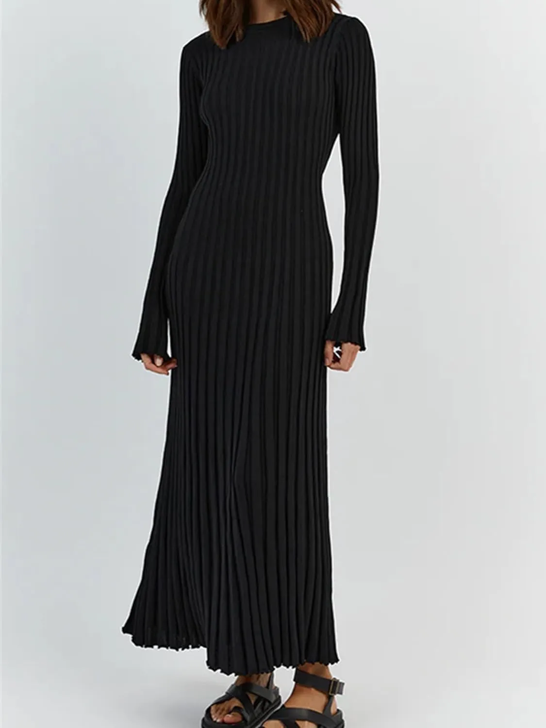 Sunloudy Women Crewneck Knit Maxi Dress Bell Long Sleeve Ruched Ribbed Bodycon Long Sweater Dress Streetwear