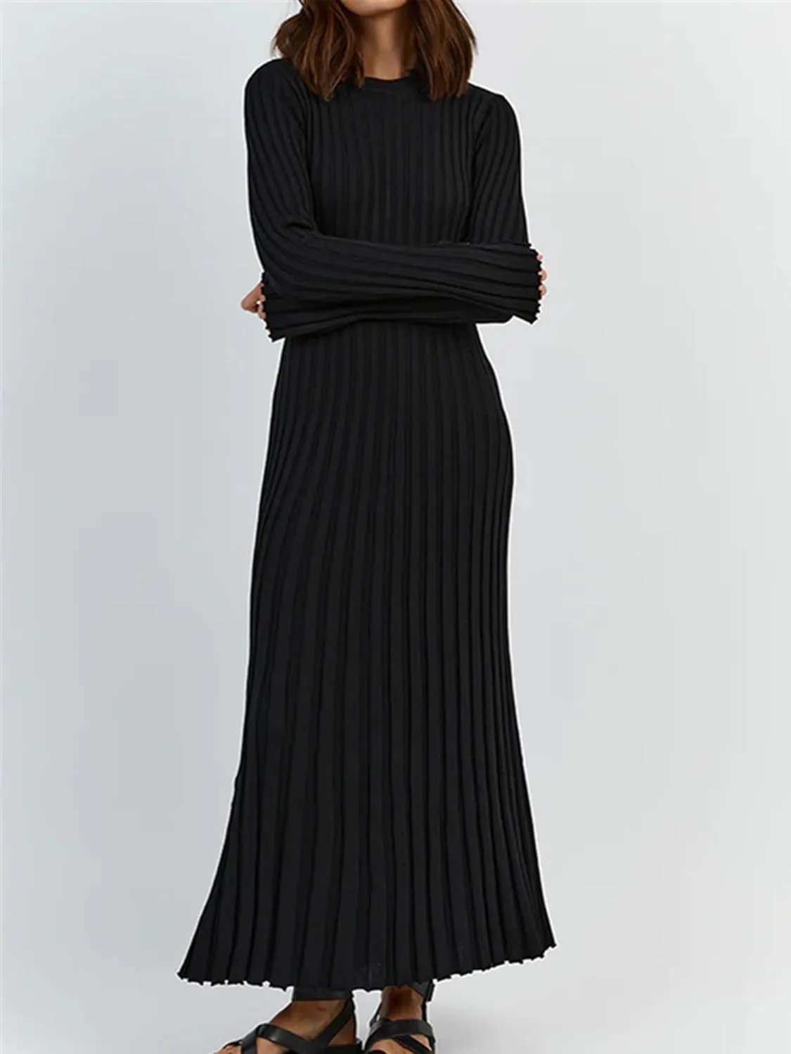 Sunloudy Women Crewneck Knit Maxi Dress Bell Long Sleeve Ruched Ribbed Bodycon Long Sweater Dress Streetwear