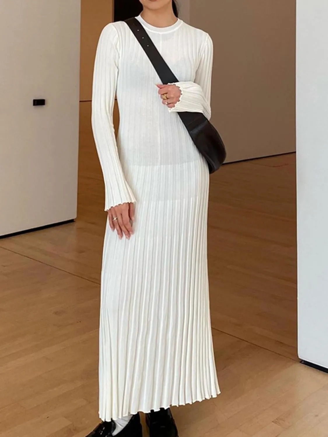 Sunloudy Women Crewneck Knit Maxi Dress Bell Long Sleeve Ruched Ribbed Bodycon Long Sweater Dress Streetwear