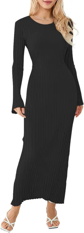 Sunloudy Women Crewneck Knit Maxi Dress Bell Long Sleeve Ruched Ribbed Bodycon Long Sweater Dress Streetwear