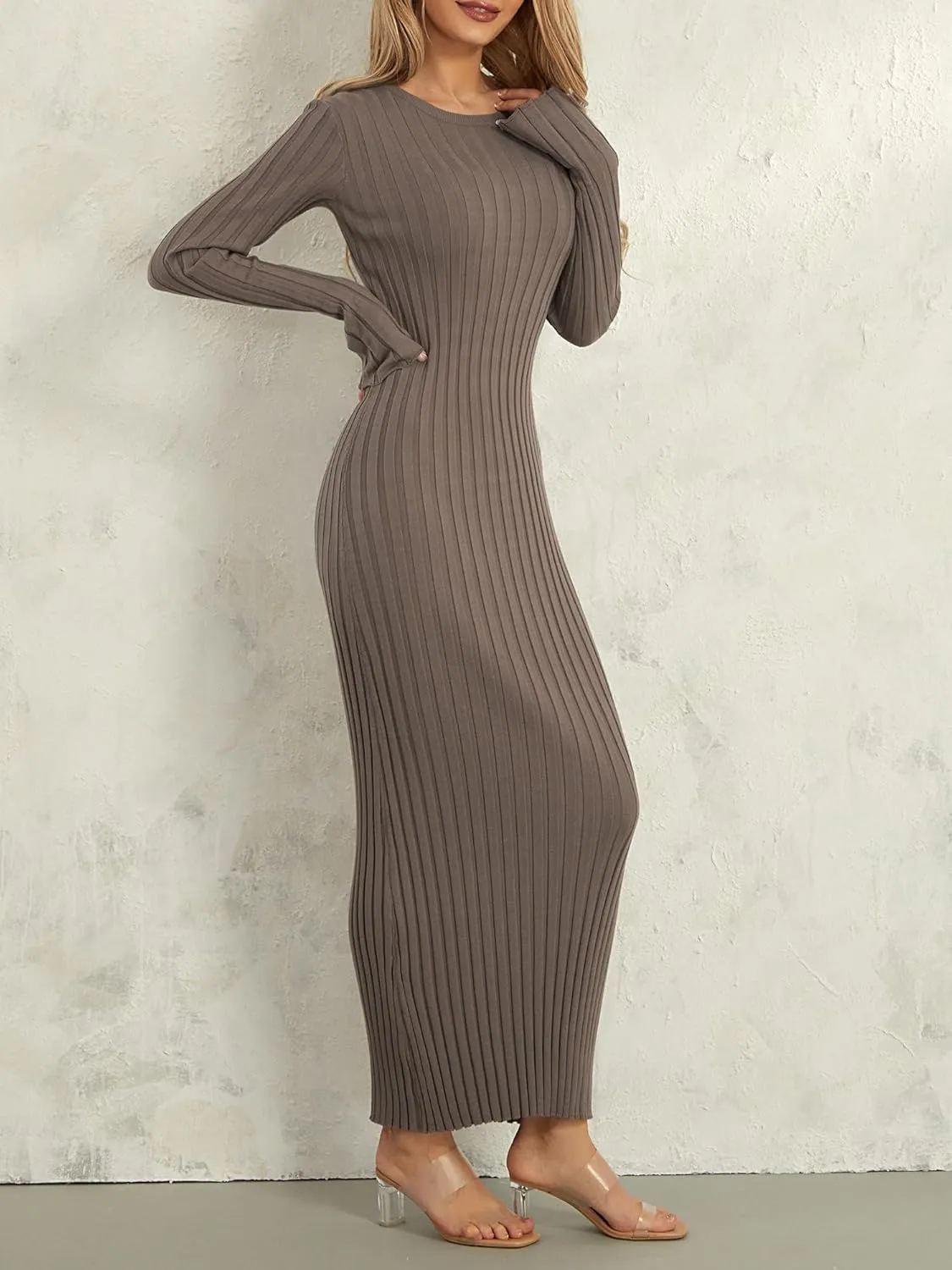 Sunloudy Women Crewneck Knit Maxi Dress Bell Long Sleeve Ruched Ribbed Bodycon Long Sweater Dress Streetwear