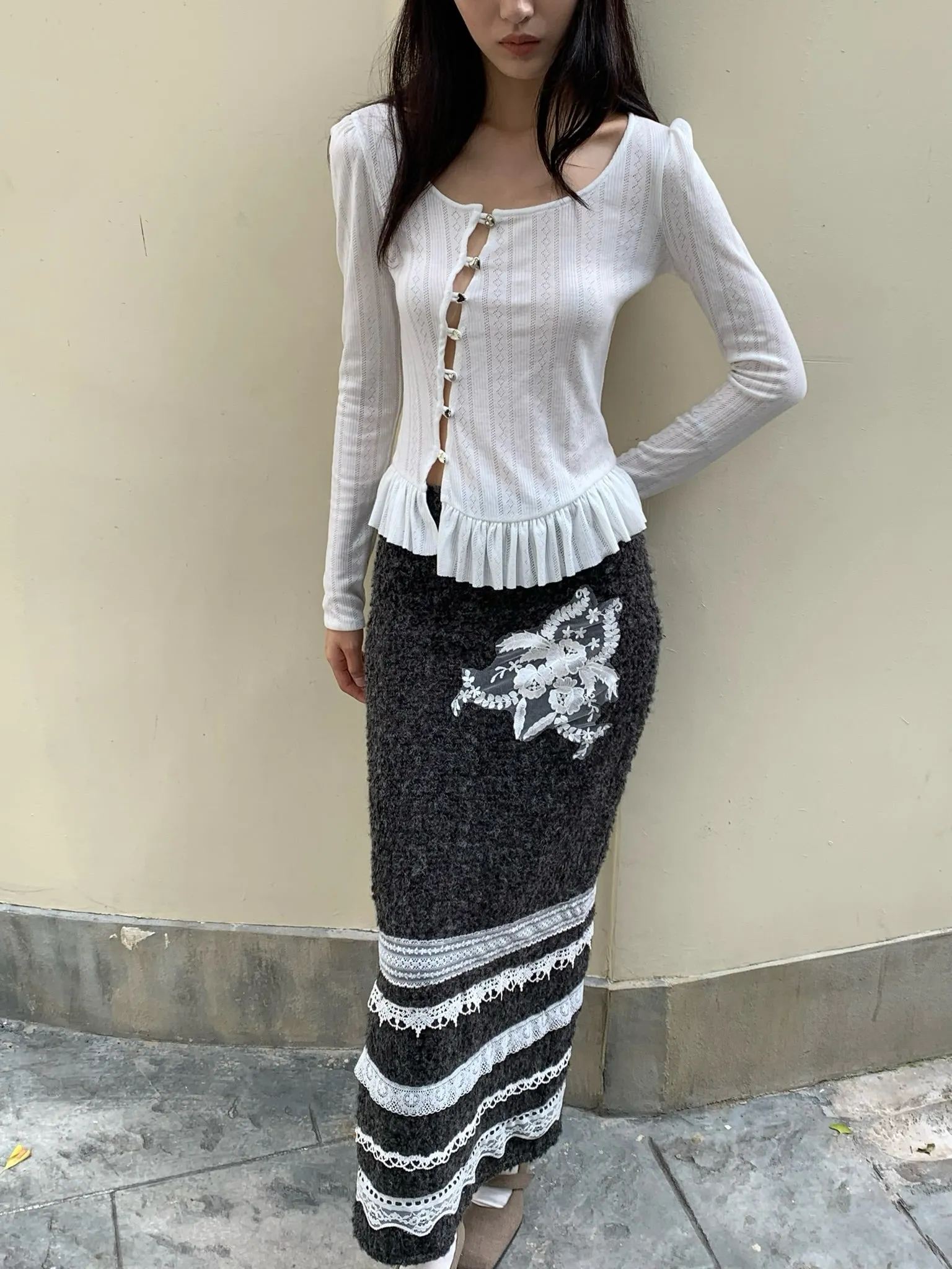 Sweet puffy sleeve hollow-out white long-sleeved top