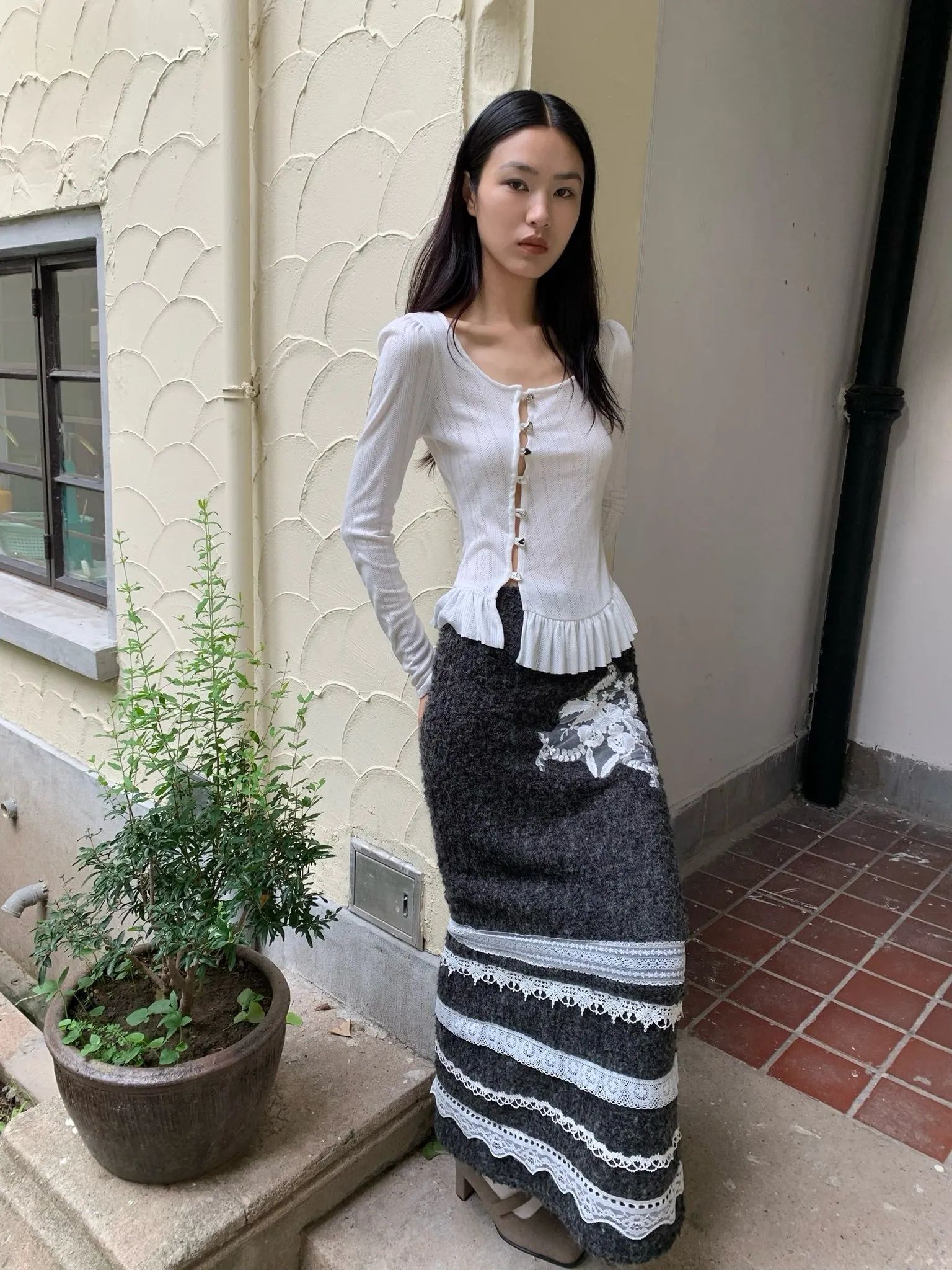 Sweet puffy sleeve hollow-out white long-sleeved top