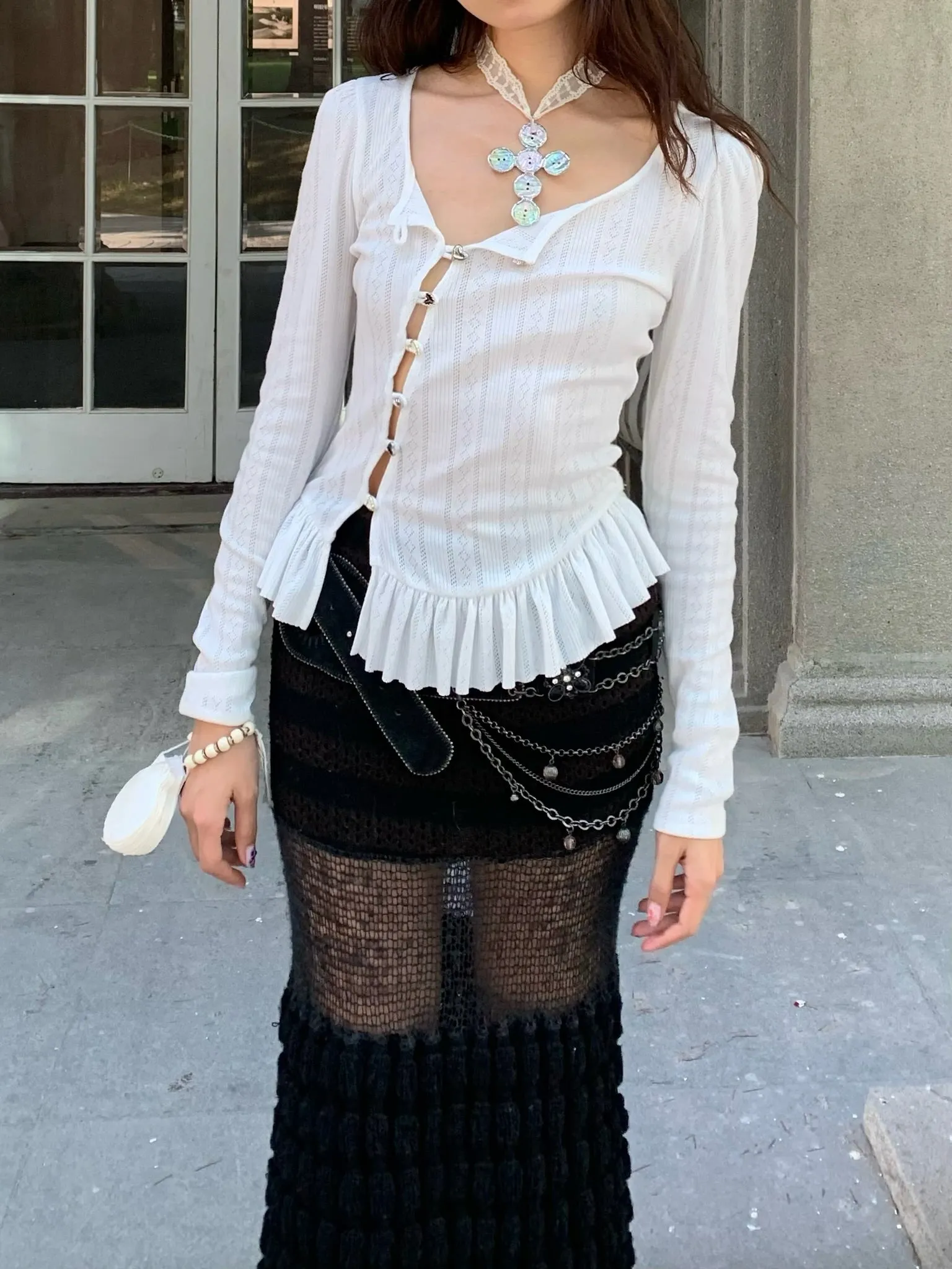 Sweet puffy sleeve hollow-out white long-sleeved top