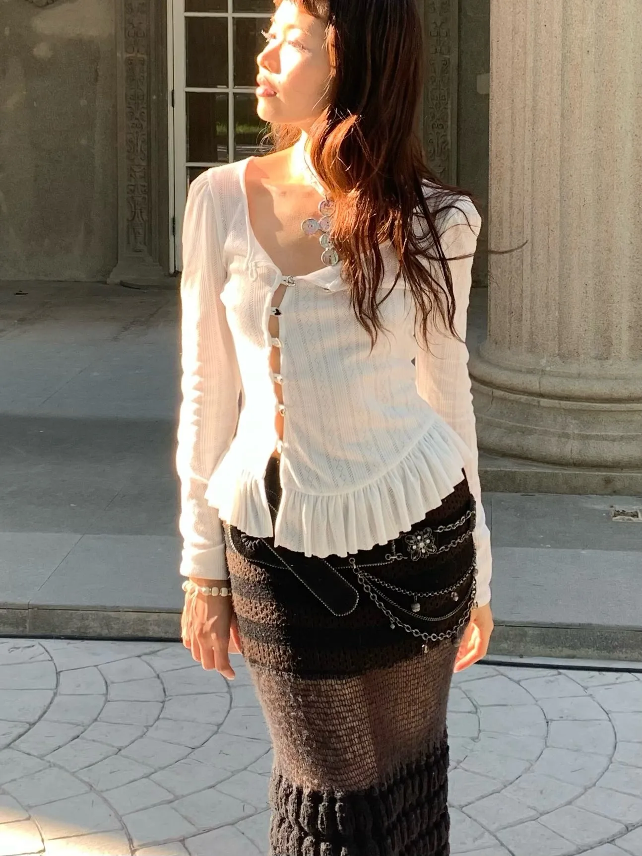 Sweet puffy sleeve hollow-out white long-sleeved top