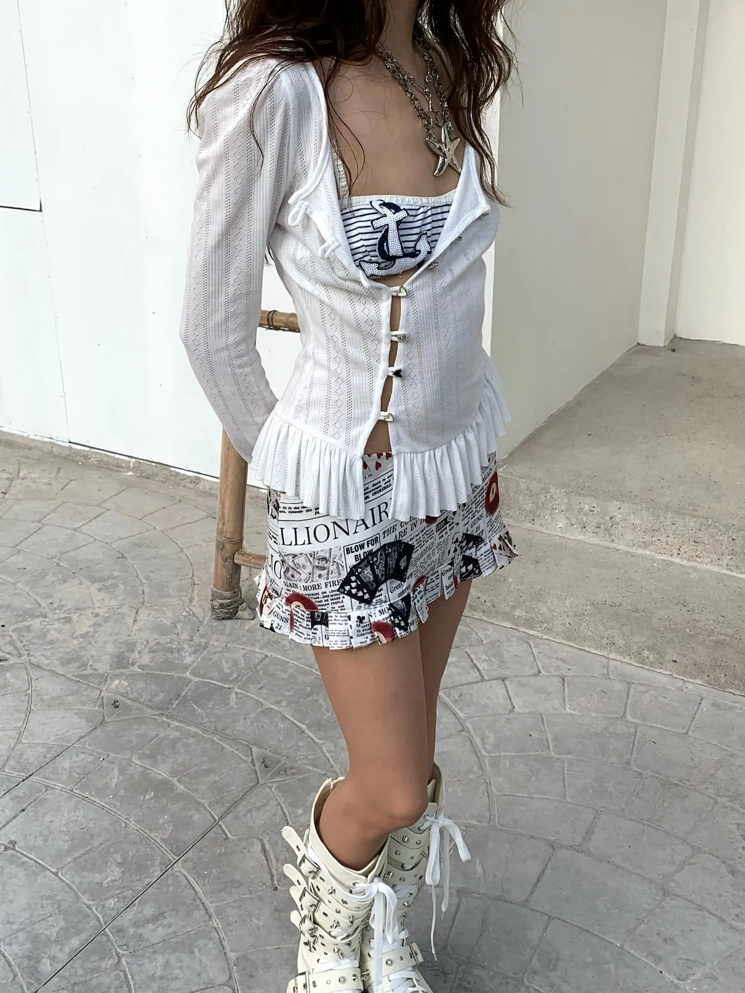 Sweet puffy sleeve hollow-out white long-sleeved top