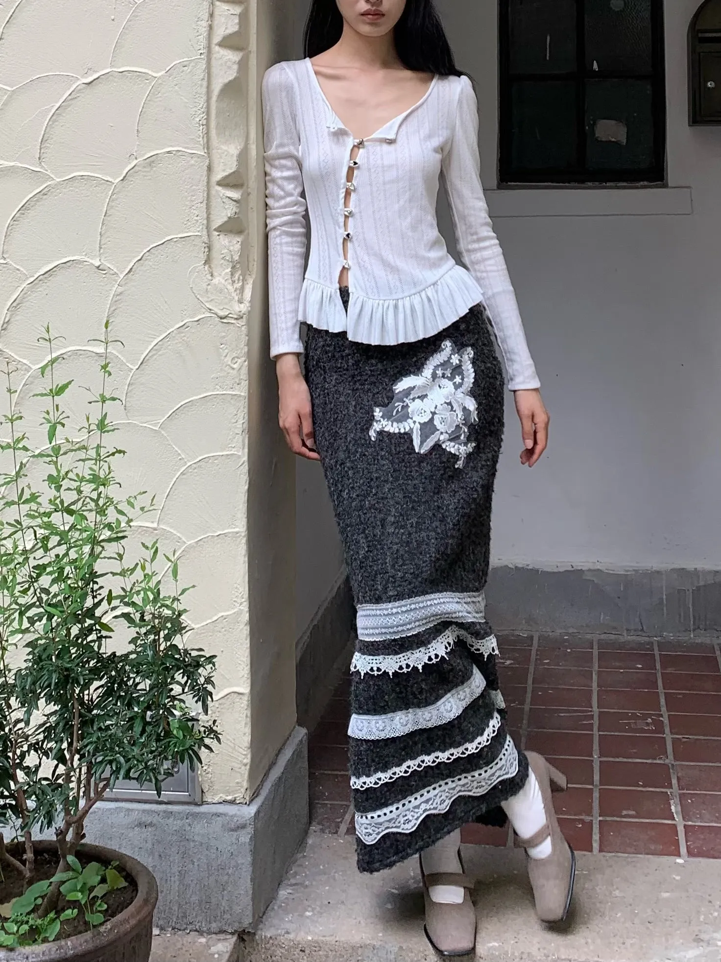 Sweet puffy sleeve hollow-out white long-sleeved top