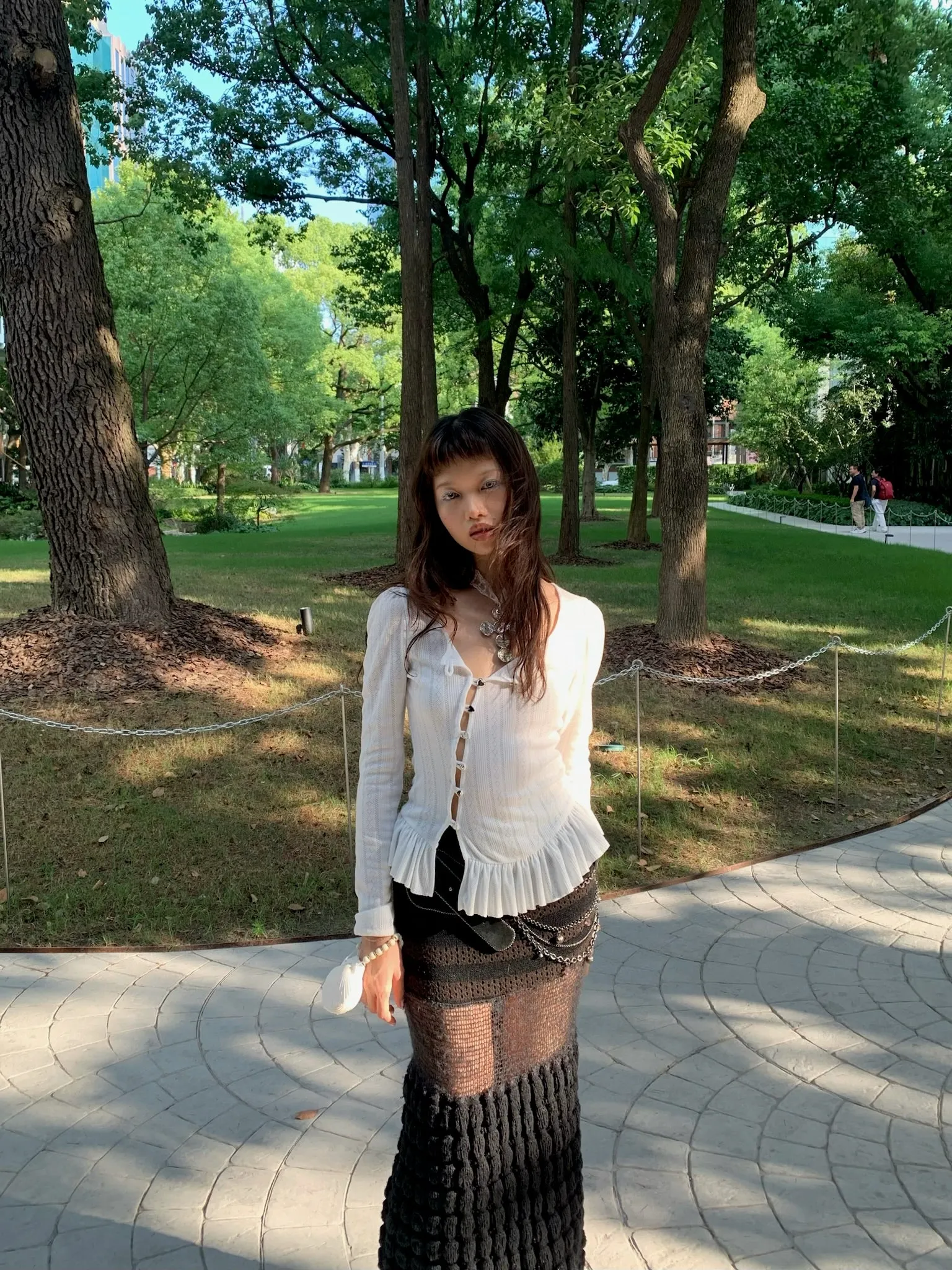 Sweet puffy sleeve hollow-out white long-sleeved top