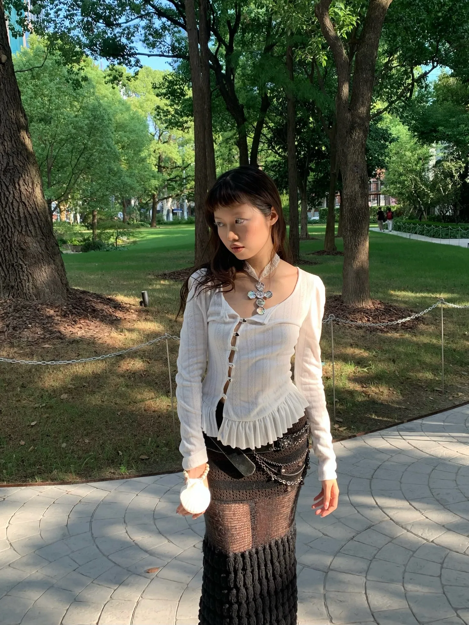 Sweet puffy sleeve hollow-out white long-sleeved top