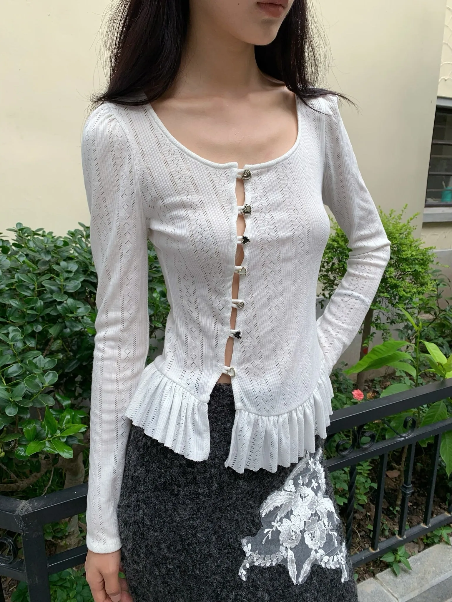 Sweet puffy sleeve hollow-out white long-sleeved top