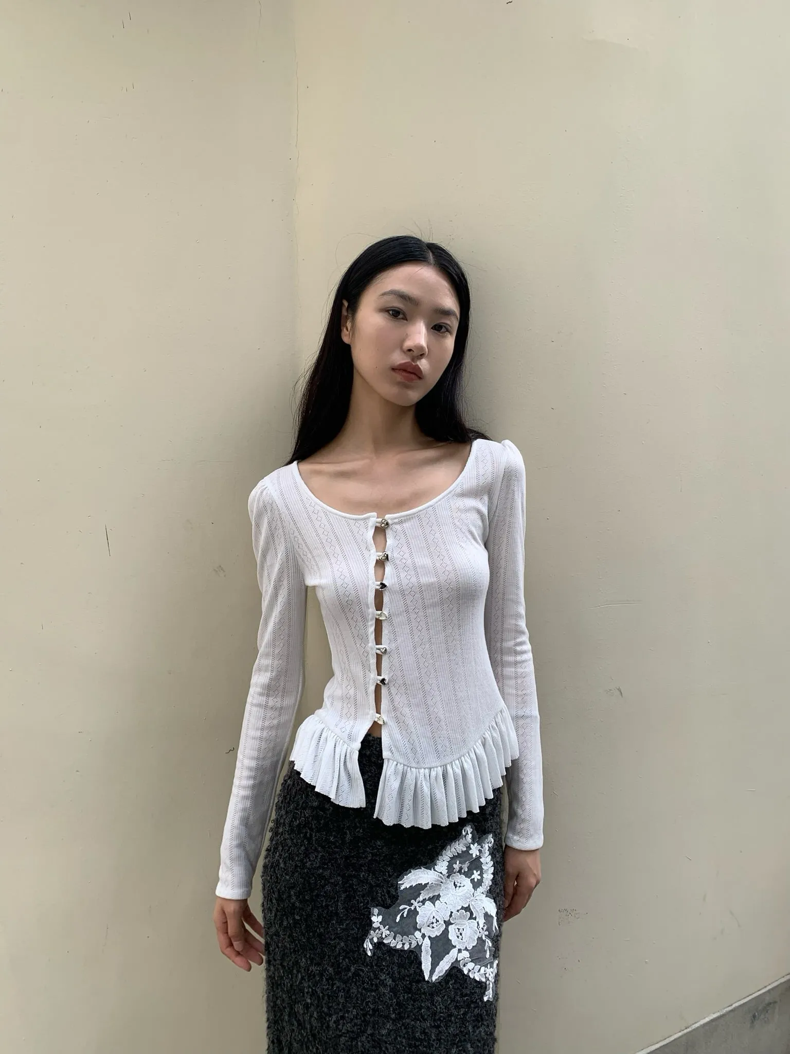 Sweet puffy sleeve hollow-out white long-sleeved top