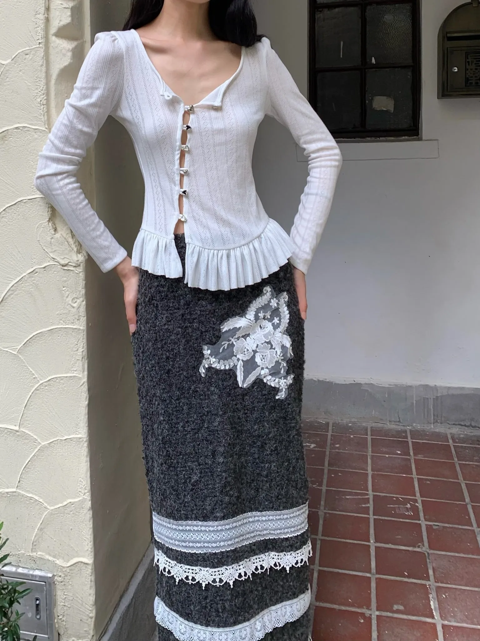 Sweet puffy sleeve hollow-out white long-sleeved top