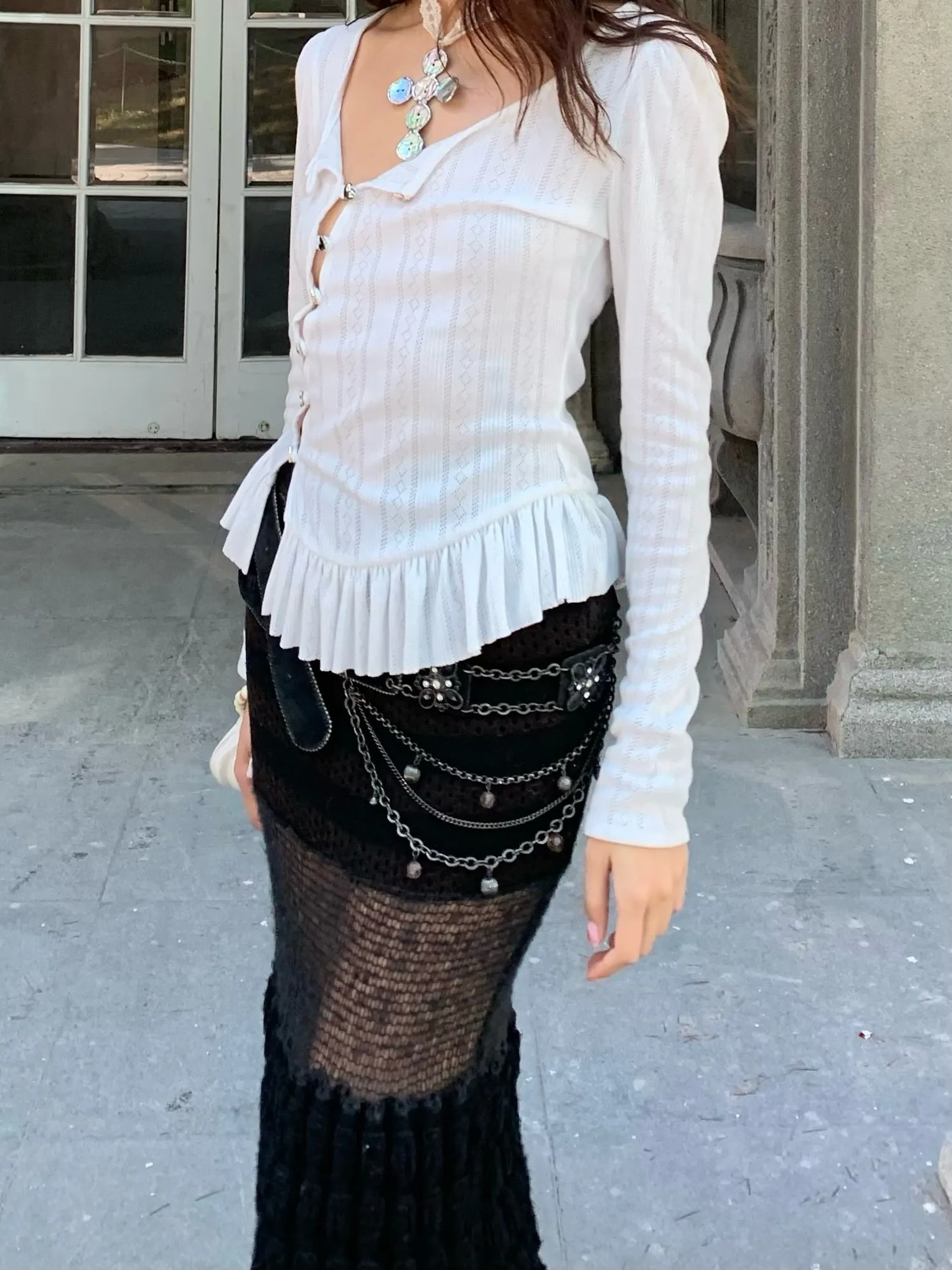 Sweet puffy sleeve hollow-out white long-sleeved top