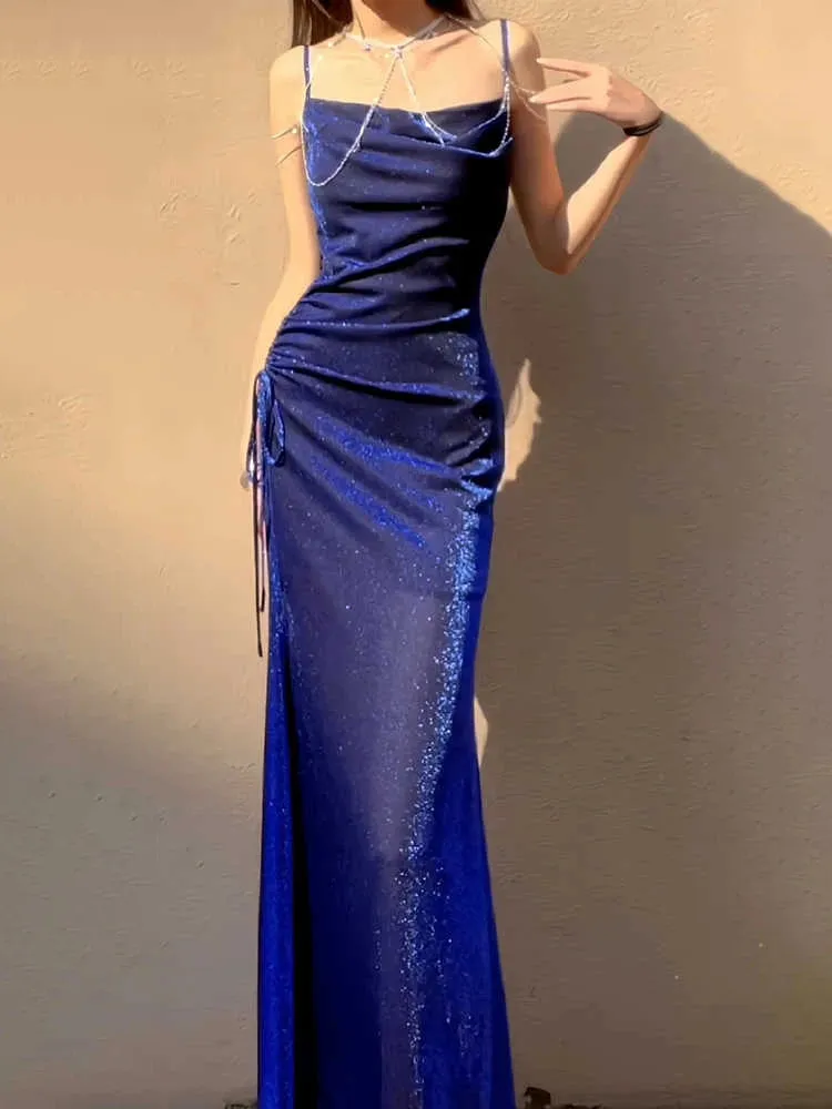 TAVIMART  -  Blue Shiny Silk Dress Suspender Light Luxury Fishtail Dress Birthday Party Dress Gorgeous Dreamy Homecoming Dresses 2024 New