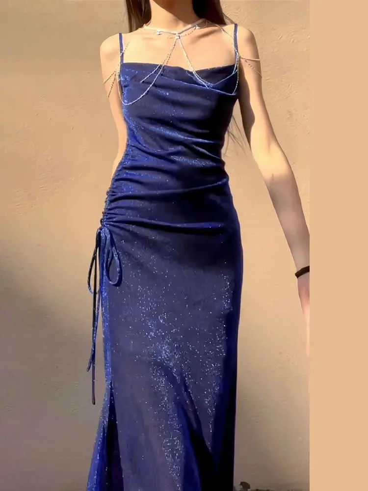 TAVIMART  -  Blue Shiny Silk Dress Suspender Light Luxury Fishtail Dress Birthday Party Dress Gorgeous Dreamy Homecoming Dresses 2024 New