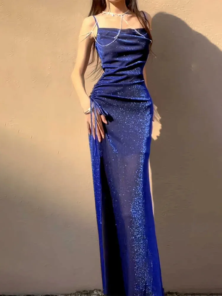 TAVIMART  -  Blue Shiny Silk Dress Suspender Light Luxury Fishtail Dress Birthday Party Dress Gorgeous Dreamy Homecoming Dresses 2024 New