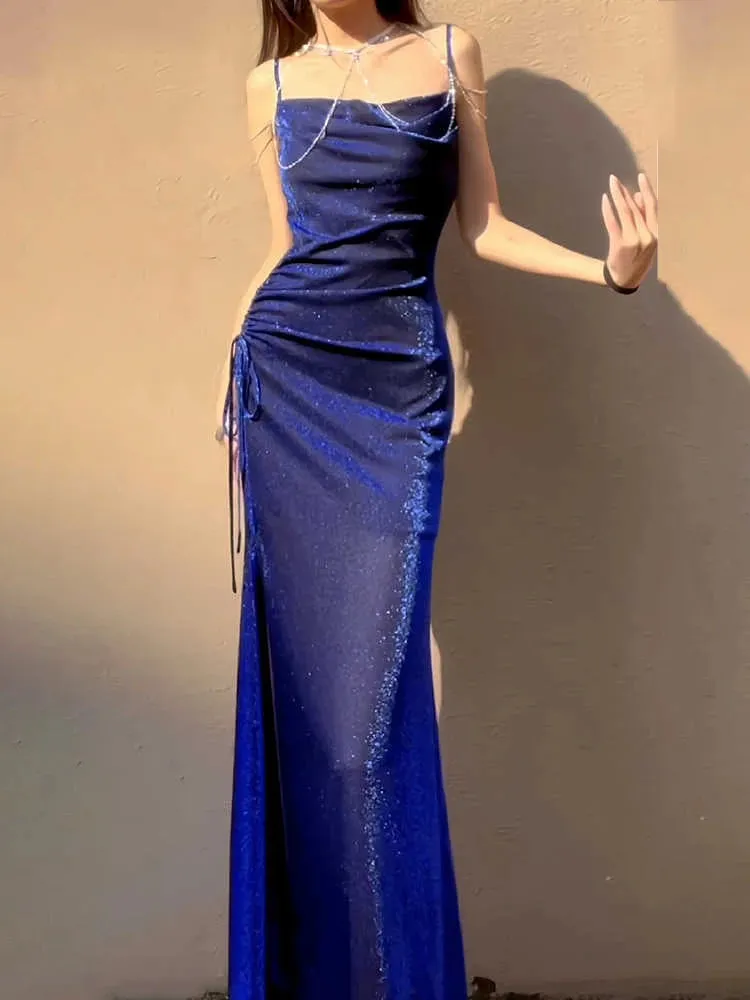 TAVIMART  -  Blue Shiny Silk Dress Suspender Light Luxury Fishtail Dress Birthday Party Dress Gorgeous Dreamy Homecoming Dresses 2024 New