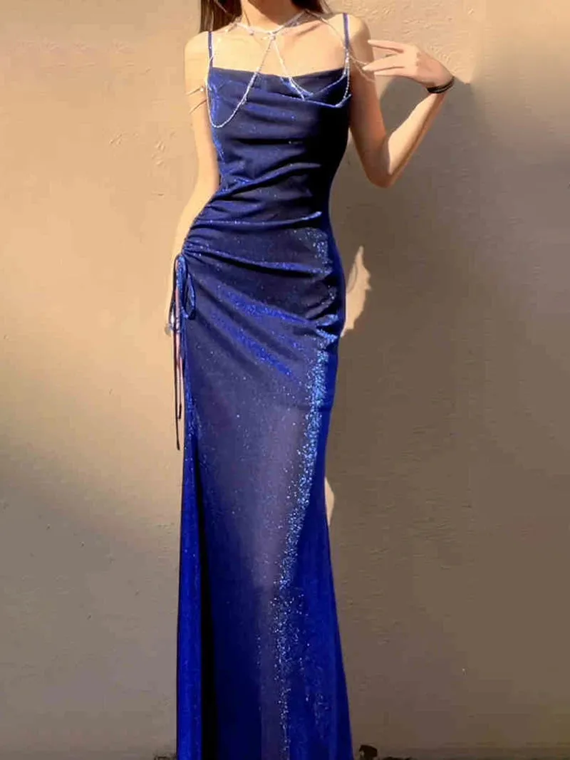 TAVIMART  -  Blue Shiny Silk Dress Suspender Light Luxury Fishtail Dress Birthday Party Dress Gorgeous Dreamy Homecoming Dresses 2024 New