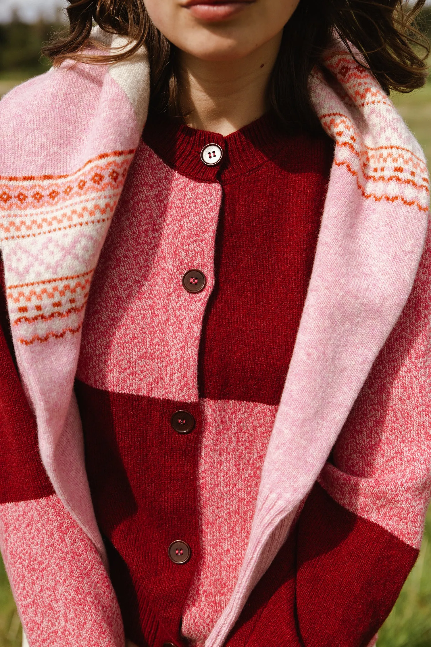 Tewksbury  Check Cardigan - Raspberry