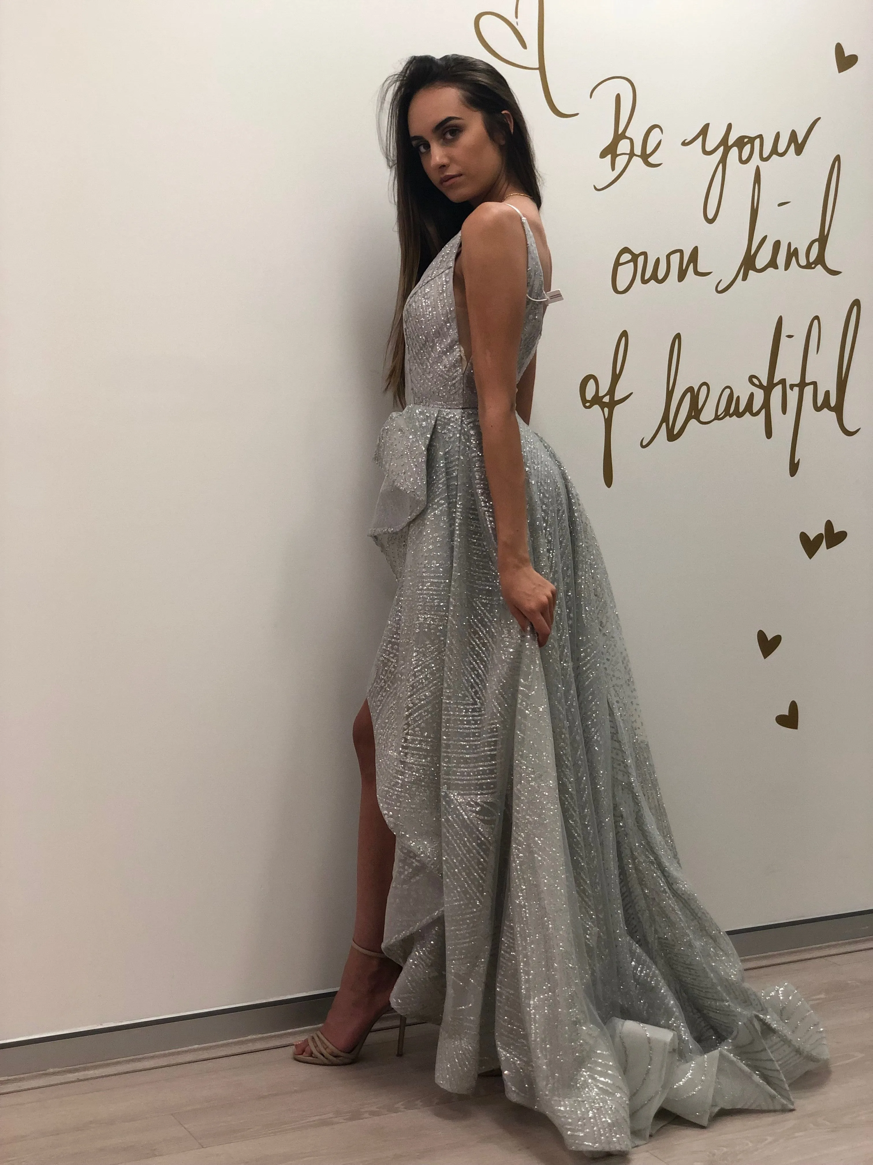 Tina Holly Couture T1844 Silver Grey Glitter Drape Mermaid Formal Gown Prom Dress