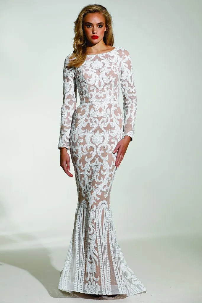Tina Holly Couture T1890 White & Nude Long Sleeve Mermaid Formal Gown Prom Dress