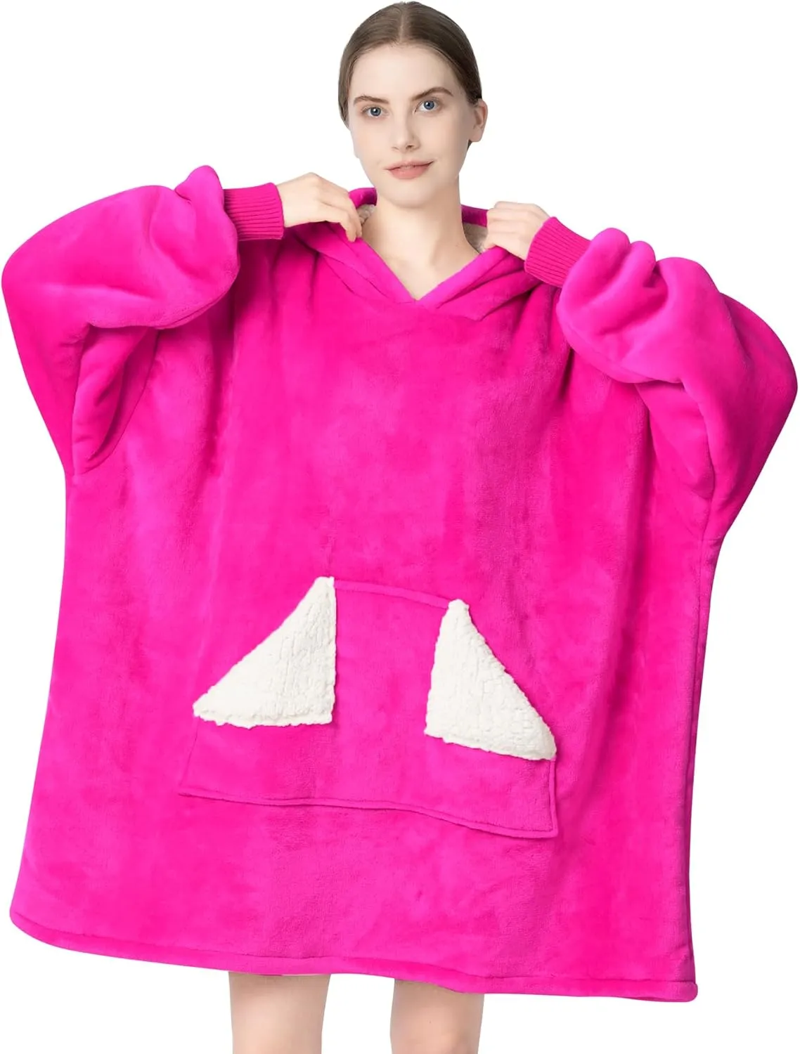 Touchat Wearable Blanket Hoodie, Oversized Sherpa Fleece Sweatshirt Blanket with Giant Hood Pocket and Sleeves for Adult, Warm & Cozy Blanket Gifts for Women (Neon Pink)