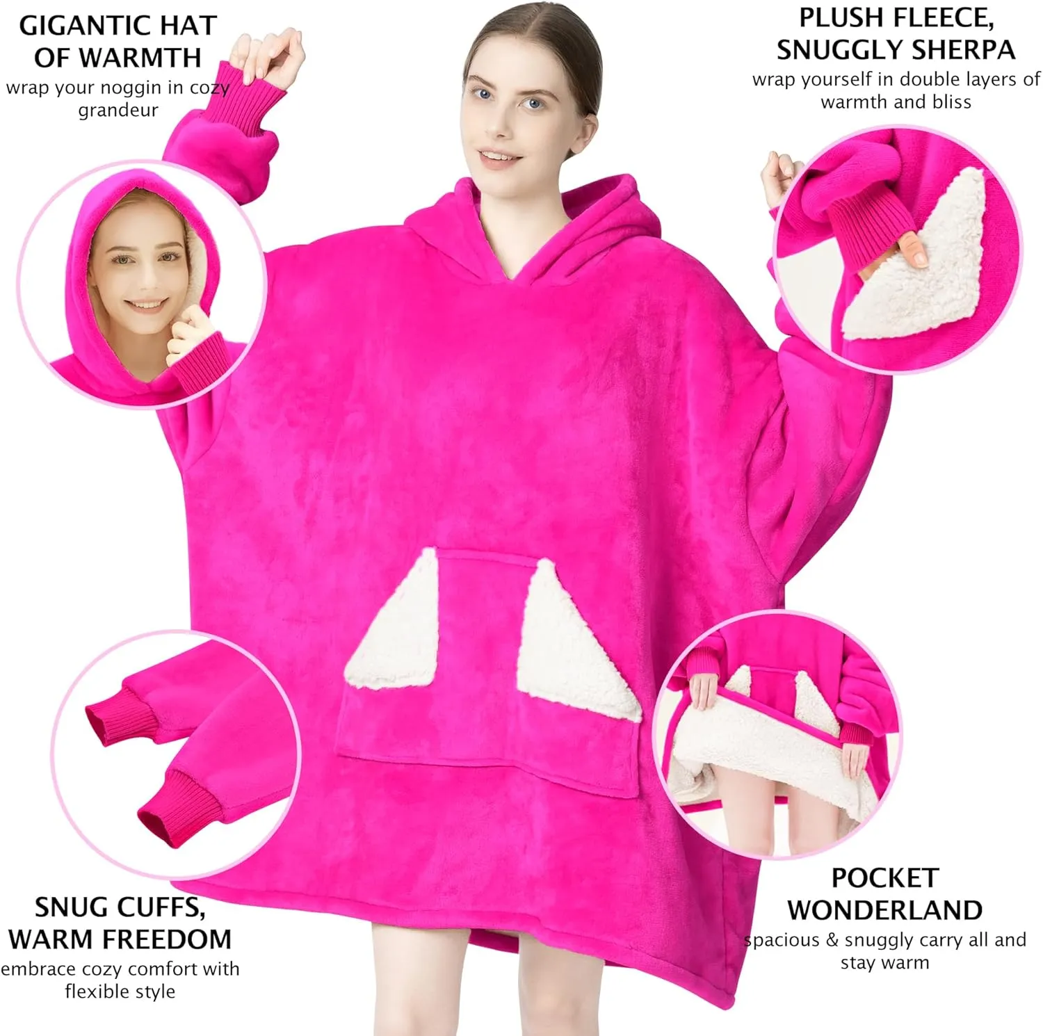 Touchat Wearable Blanket Hoodie, Oversized Sherpa Fleece Sweatshirt Blanket with Giant Hood Pocket and Sleeves for Adult, Warm & Cozy Blanket Gifts for Women (Neon Pink)