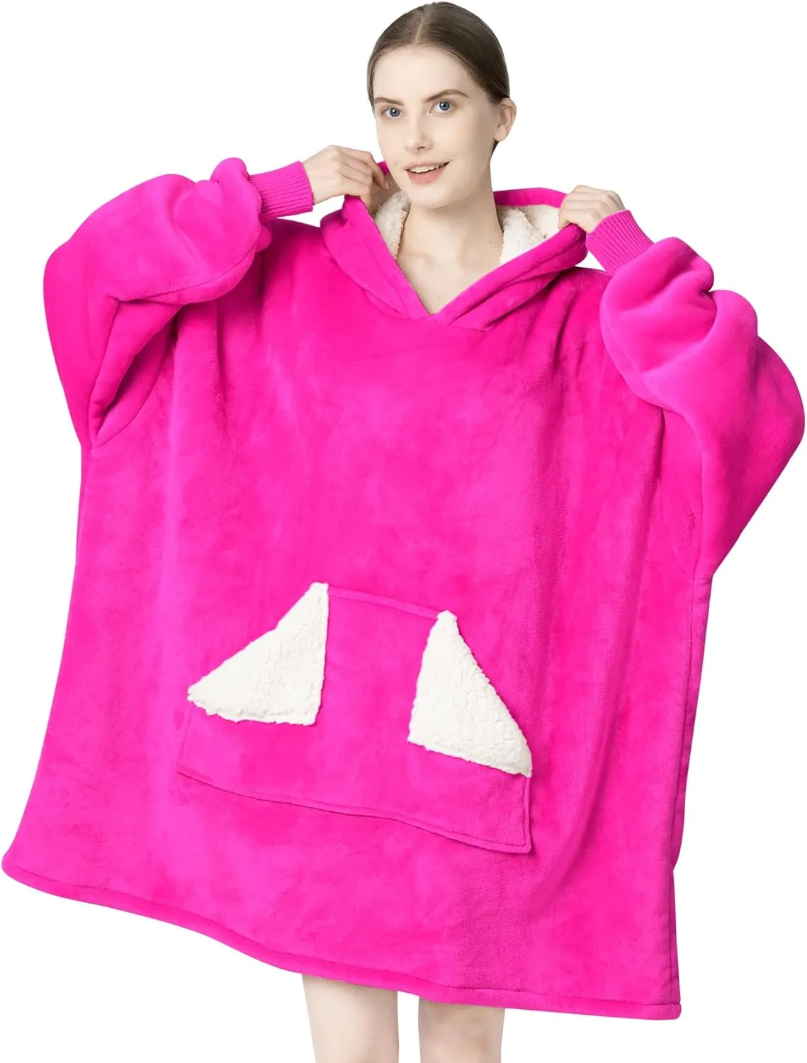 Touchat Wearable Blanket Hoodie, Oversized Sherpa Fleece Sweatshirt Blanket with Giant Hood Pocket and Sleeves for Adult, Warm & Cozy Blanket Gifts for Women (Neon Pink)