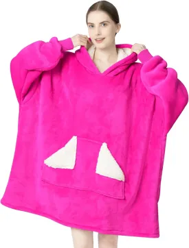 Touchat Wearable Blanket Hoodie, Oversized Sherpa Fleece Sweatshirt Blanket with Giant Hood Pocket and Sleeves for Adult, Warm & Cozy Blanket Gifts for Women (Neon Pink)