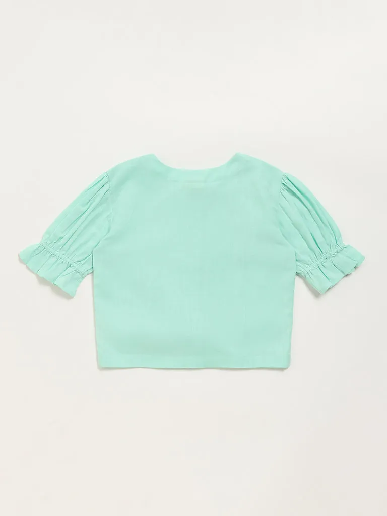 Utsa Kids Blue Button-Up Floral Cotton Blend Top - (8 -14yrs)