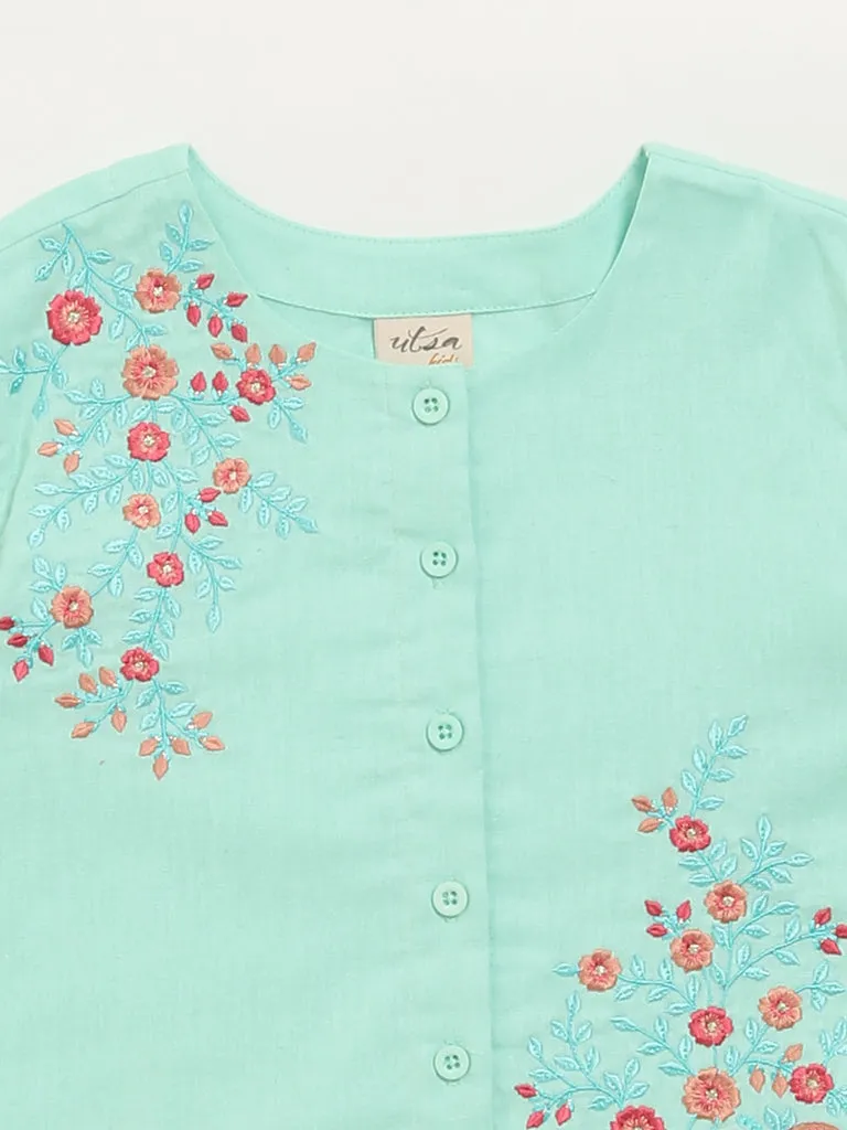 Utsa Kids Blue Button-Up Floral Cotton Blend Top - (8 -14yrs)