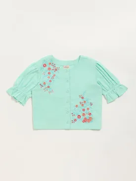 Utsa Kids Blue Button-Up Floral Cotton Blend Top - (8 -14yrs)