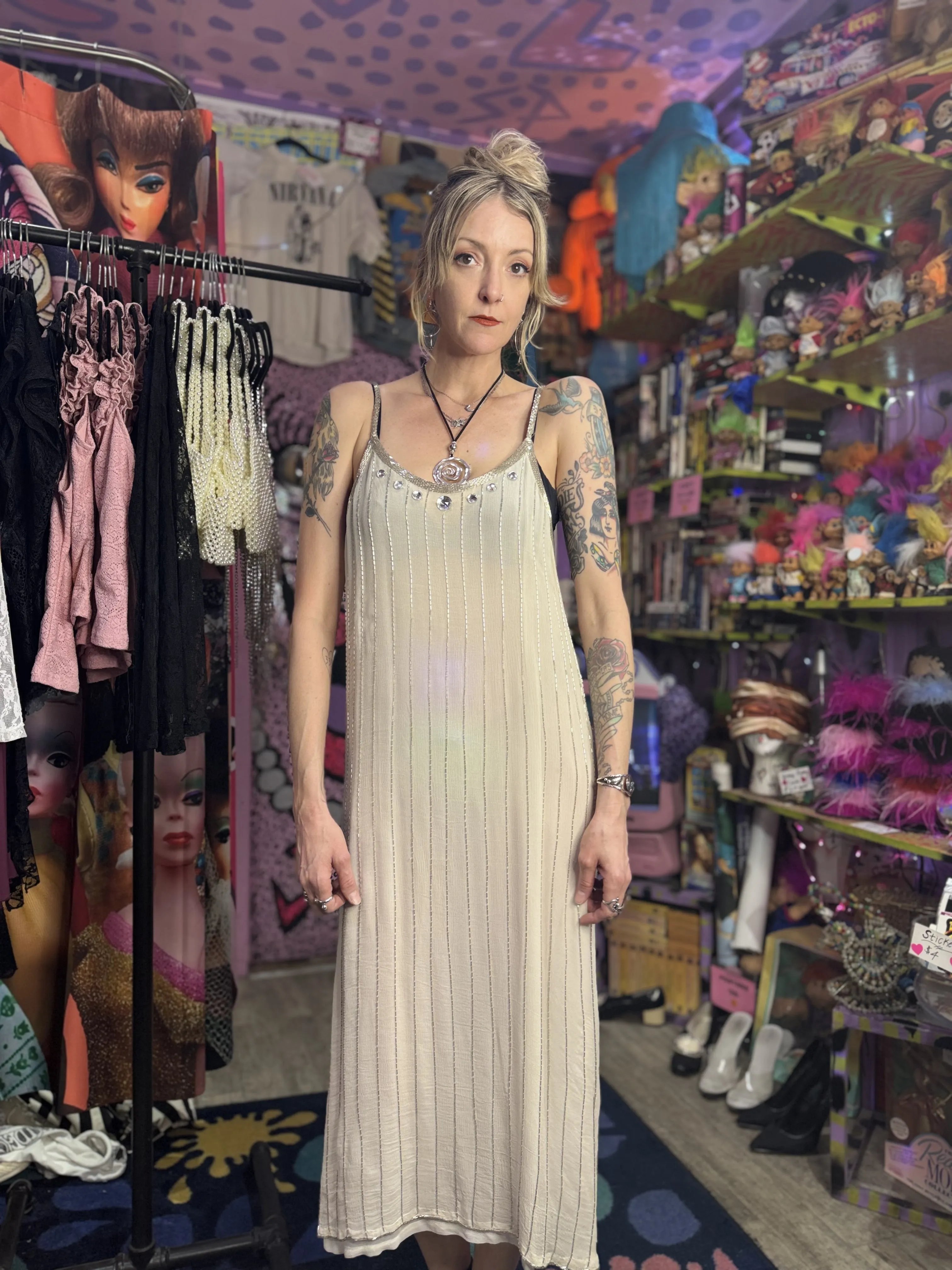 Vintage 80’s Beaded White Silk Shift Dress